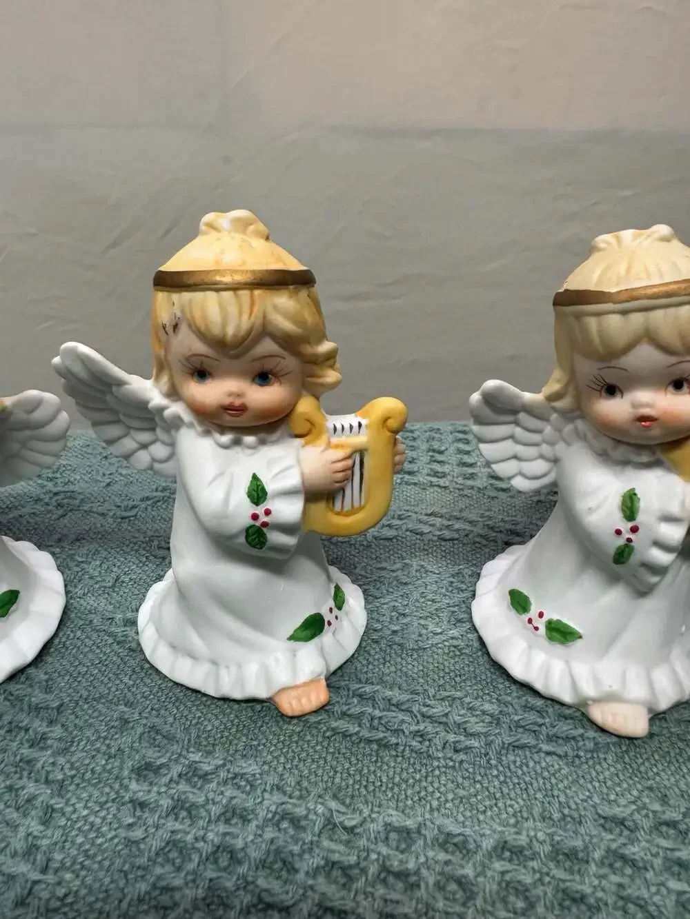 Vintage Homco Set of 3 Porcelain Child Angel Figurines with Candle, Harp, and St